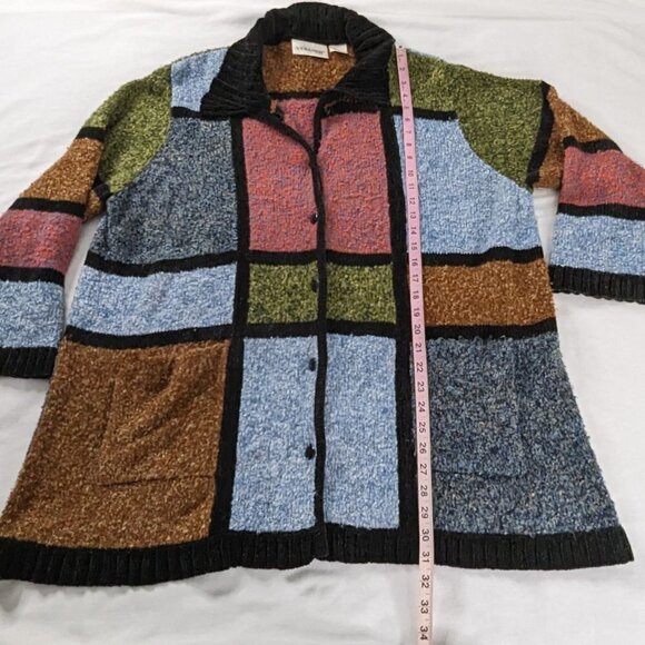 VTG Color Block Windowpane Button Up Collared Black Colorful Cardigan - Picture 6 of 7